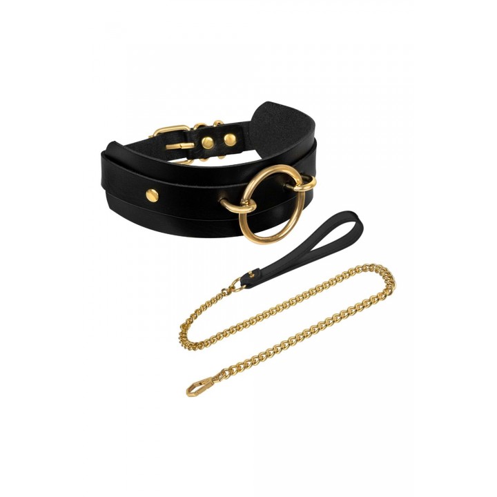 KINKY DIVA O-RING FRONT COLLAR + LEASH BLACK/GOLD - Kinky Diva