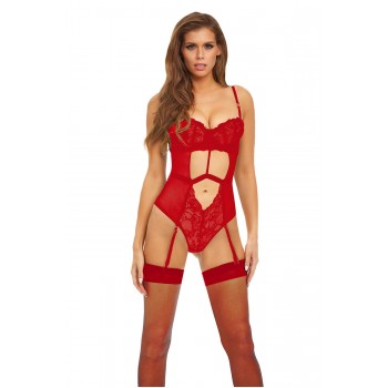 BOMBSHELL BOUDOIR STRAP OVERLAY TEDDY RED, L