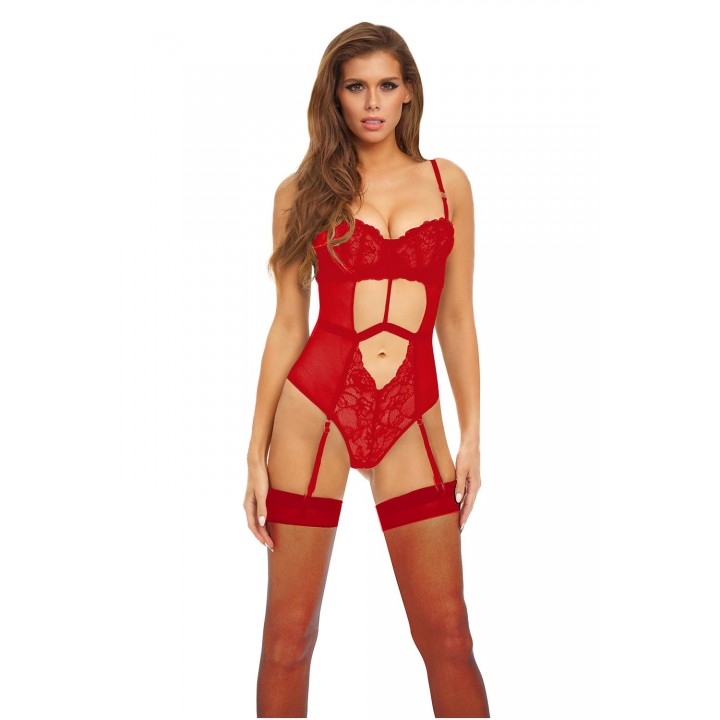 BOMBSHELL BOUDOIR STRAP OVERLAY TEDDY RED, L