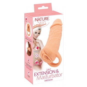 Masturbators un dzimumlocekļa uzmava vienā Nature Skin 2in1 Extension + Masturbator, M