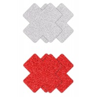 PRETTY PASTIES GLITTER CROSS RED SILVER 2 PAIR