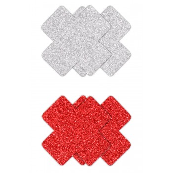 PRETTY PASTIES GLITTER CROSS RED SILVER 2 PAIR