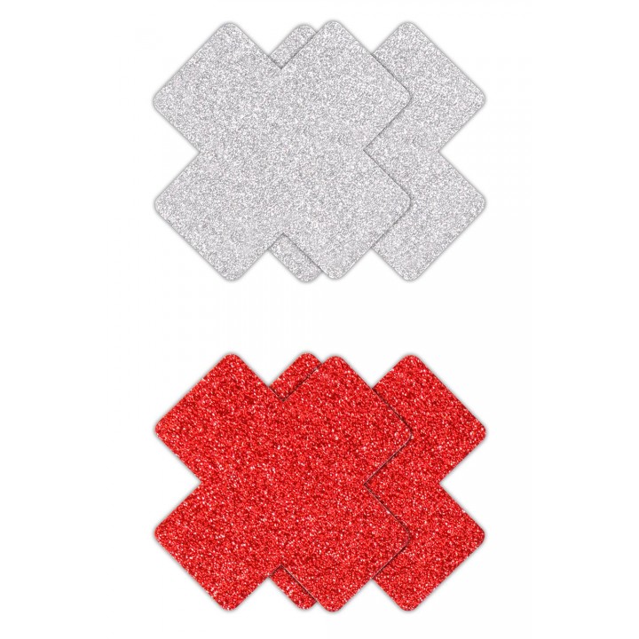 PRETTY PASTIES GLITTER CROSS RED SILVER 2 PAIR