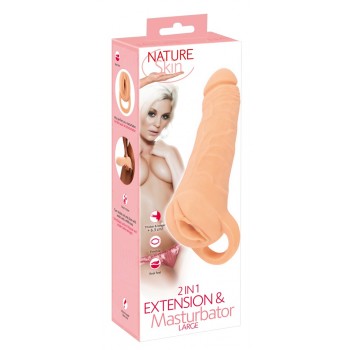 Masturbators un dzimumlocekļa uzmava vienā Nature Skin 2in1 Extension + Masturbator, L