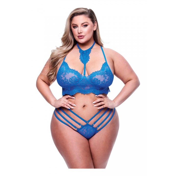 2PC STRAPPY LACE BRA & PANTY SET BLUE, QUEEN