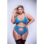 3PC LACE & MESH BRA, GARTER & PANTY SET BLUE, QUEEN