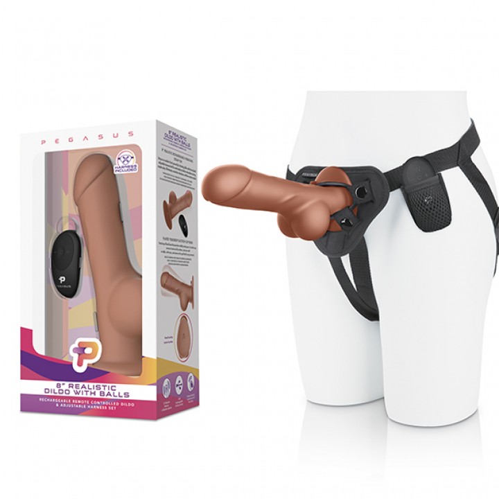 Pegasus - 8вЂќВ RemoteВ ControlВ RealisticВ SiliconeВ DildoВ withВ BallsВ andВ Harness