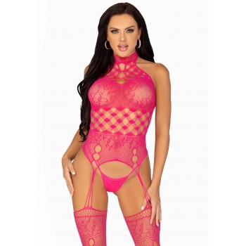 High Neck Garter Catsuit - Pink - One Size