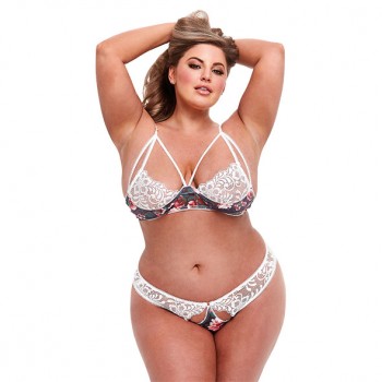 Baci - Grey Floral & Lace Bra Set with Open Back Panty Q