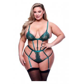 SEXY STRAPPY LACE TEDDY WITH GARTERS GREEN, QUEEN