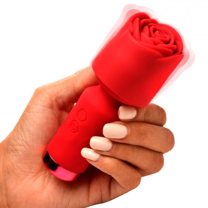 Mini wand vibrators ar silikona rozi, USB, ūdensizturīgs, sarkans XR Brands