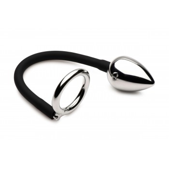 XR Brands - Tug + Plug Cock & Ball Ring with Anal Plug - Black & Silver