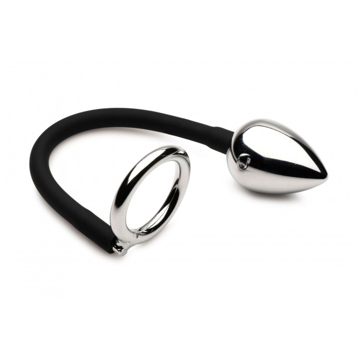 XR Brands - Tug + Plug Cock & Ball Ring with Anal Plug - Black & Silver