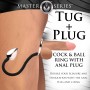 XR Brands - Tug + Plug Cock & Ball Ring with Anal Plug - Black & Silver