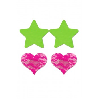 Nipple Stickers Star & Heart 2 pieces - Neon Green/Neon Pink - One Size