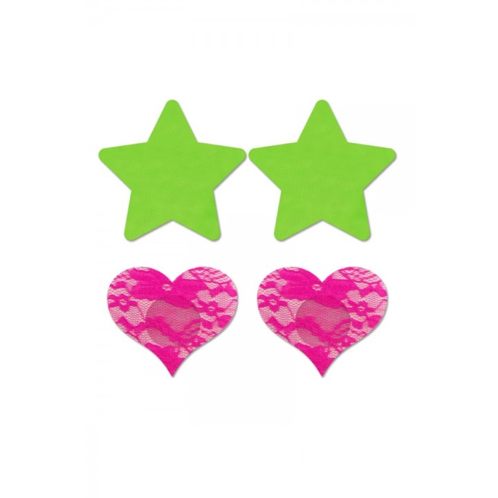 Nipple Stickers Star & Heart 2 pieces - Neon Green/Neon Pink - One Size - Glow