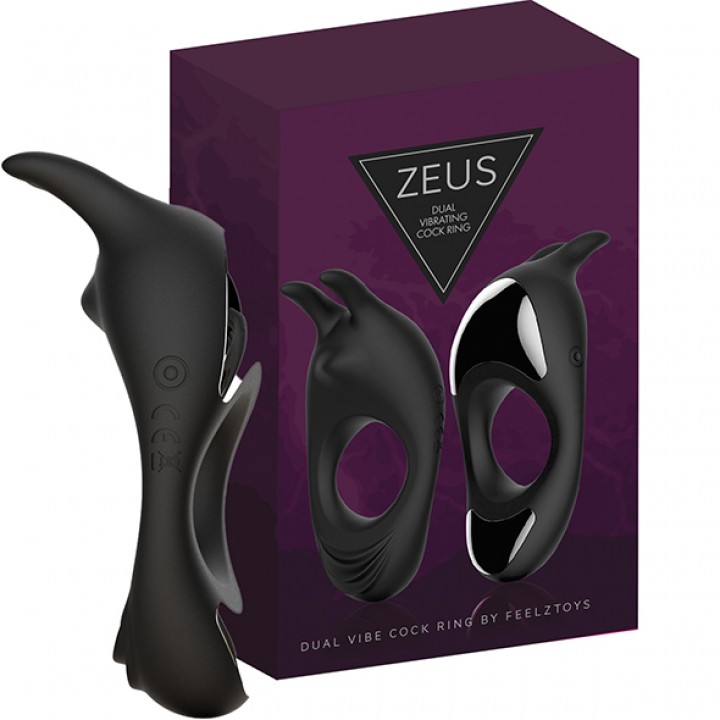 Vibrējošs Erekcijas Gredzens ar Klitora Stimulatoru - Feelztoys Zeus dual vibe melns