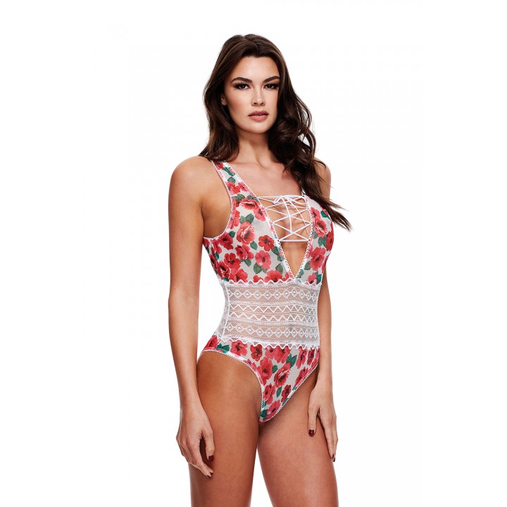 WHITE FLORAL & LACE TEDDY, M/L