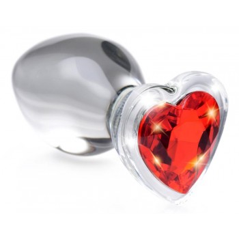 Red Heart Glass Anal Plug With Gem - Medium